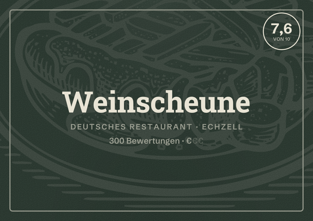 Illustriertes Poster von Weinscheune, Deutsches Restaurant in Echzell: Bewertung 7,6 von 10 aus 300 Bewertungen, Preisniveau €
