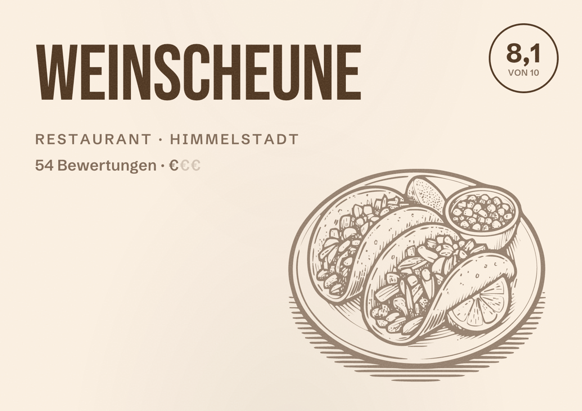 Illustriertes Poster von Weinscheune, Restaurant in Himmelstadt: Bewertung 8,1 von 10 aus 54 Bewertungen, Preisniveau €