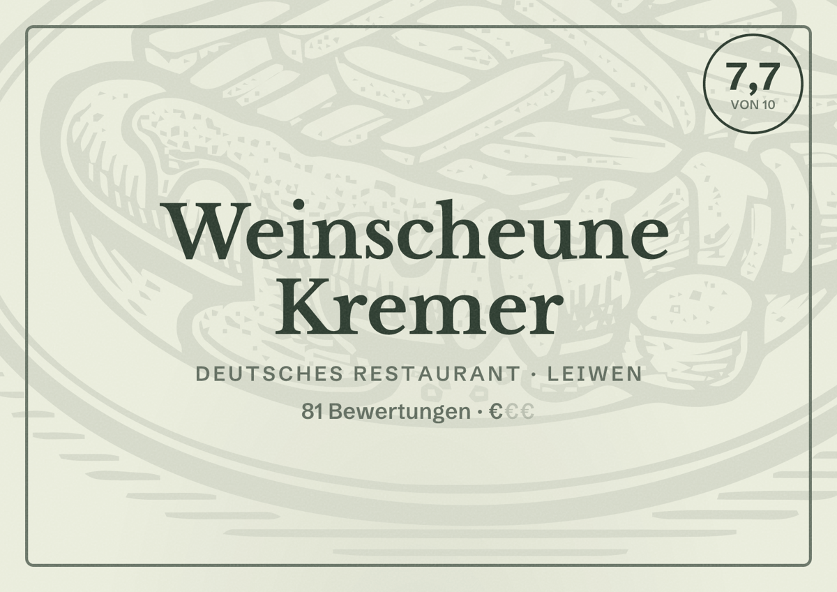 Illustriertes Poster von Weinscheune Kremer, Deutsches Restaurant in Leiwen: Bewertung 7,7 von 10 aus 81 Bewertungen, Preisniveau €