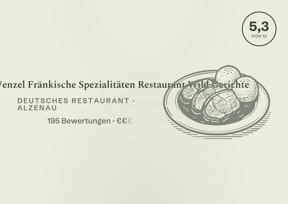Illustriertes Poster von Weinscheune Wenzel Fränkische Spezialitäten Restaurant Wild Gerichte, Deutsches Restaurant in Alzenau: Bewertung 5,3 von 10 aus 195 Bewertungen, Preisniveau €€