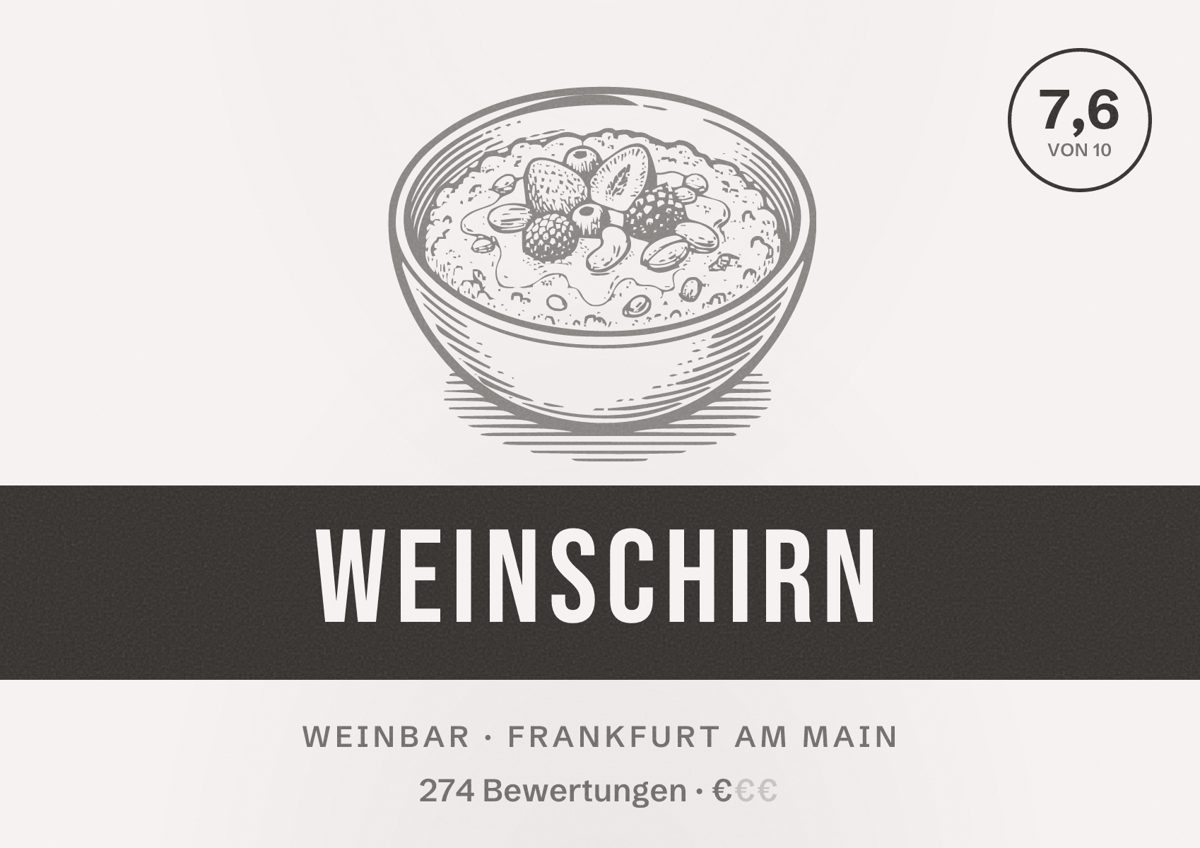 Illustriertes Poster von Weinschirn, Weinbar in Frankfurt am Main: Bewertung 7,6 von 10 aus 274 Bewertungen, Preisniveau €