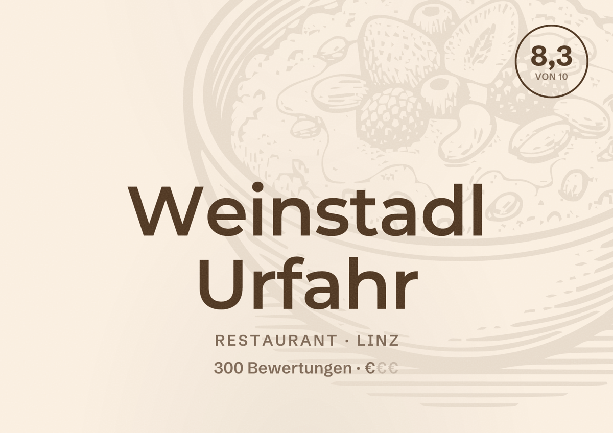 Illustriertes Poster von Weinstadl Urfahr, Restaurant in Linz: Bewertung 8,3 von 10 aus 300 Bewertungen, Preisniveau €