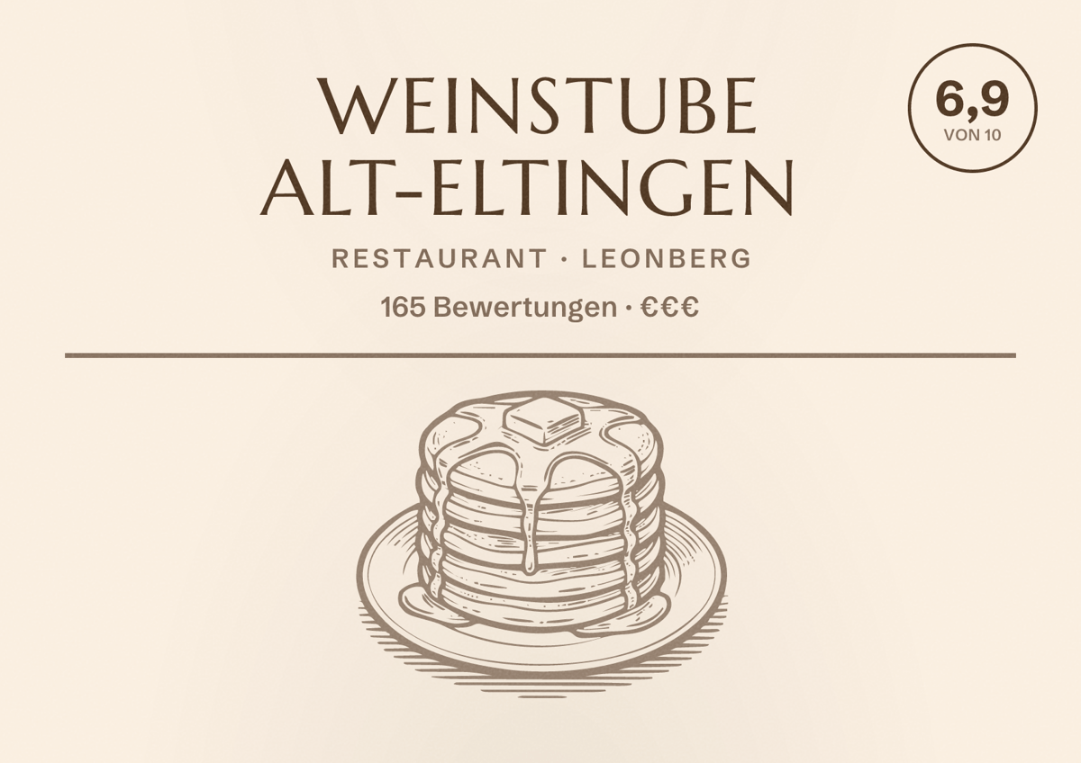 Illustriertes Poster von Weinstube Alt-Eltingen, Restaurant in Leonberg: Bewertung 6,9 von 10 aus 165 Bewertungen, Preisniveau €€€