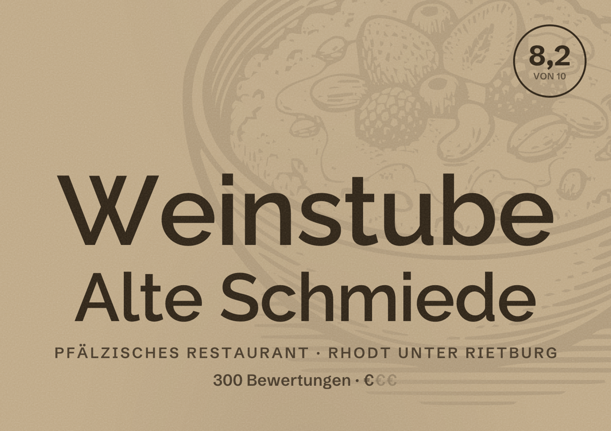 Illustriertes Poster von Weinstube Alte Schmiede, Pfälzisches Restaurant in Rhodt unter Rietburg: Bewertung 8,2 von 10 aus 300 Bewertungen, Preisniveau €