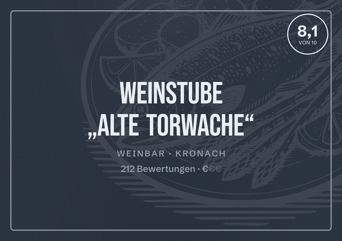 Illustriertes Poster von Weinstube „Alte Torwache“, Weinbar in Kronach: Bewertung 8,1 von 10 aus 212 Bewertungen, Preisniveau €