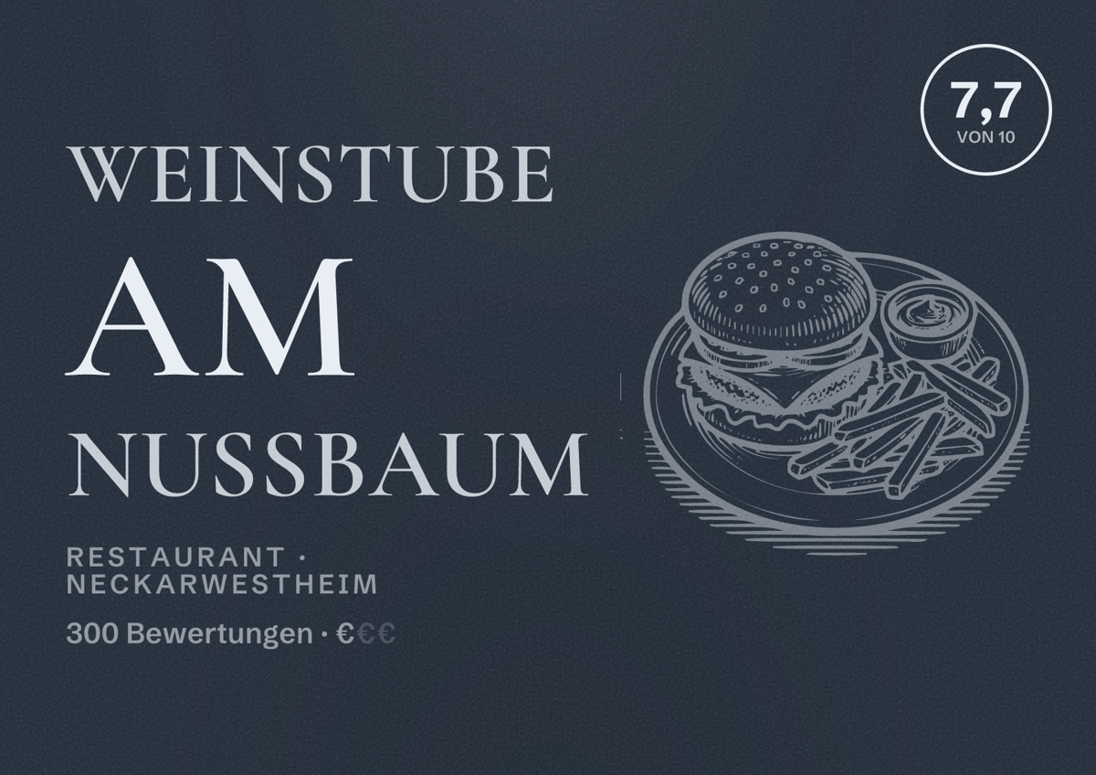 Illustriertes Poster von Weinstube am Nussbaum, Restaurant in Neckarwestheim: Bewertung 7,7 von 10 aus 300 Bewertungen, Preisniveau €