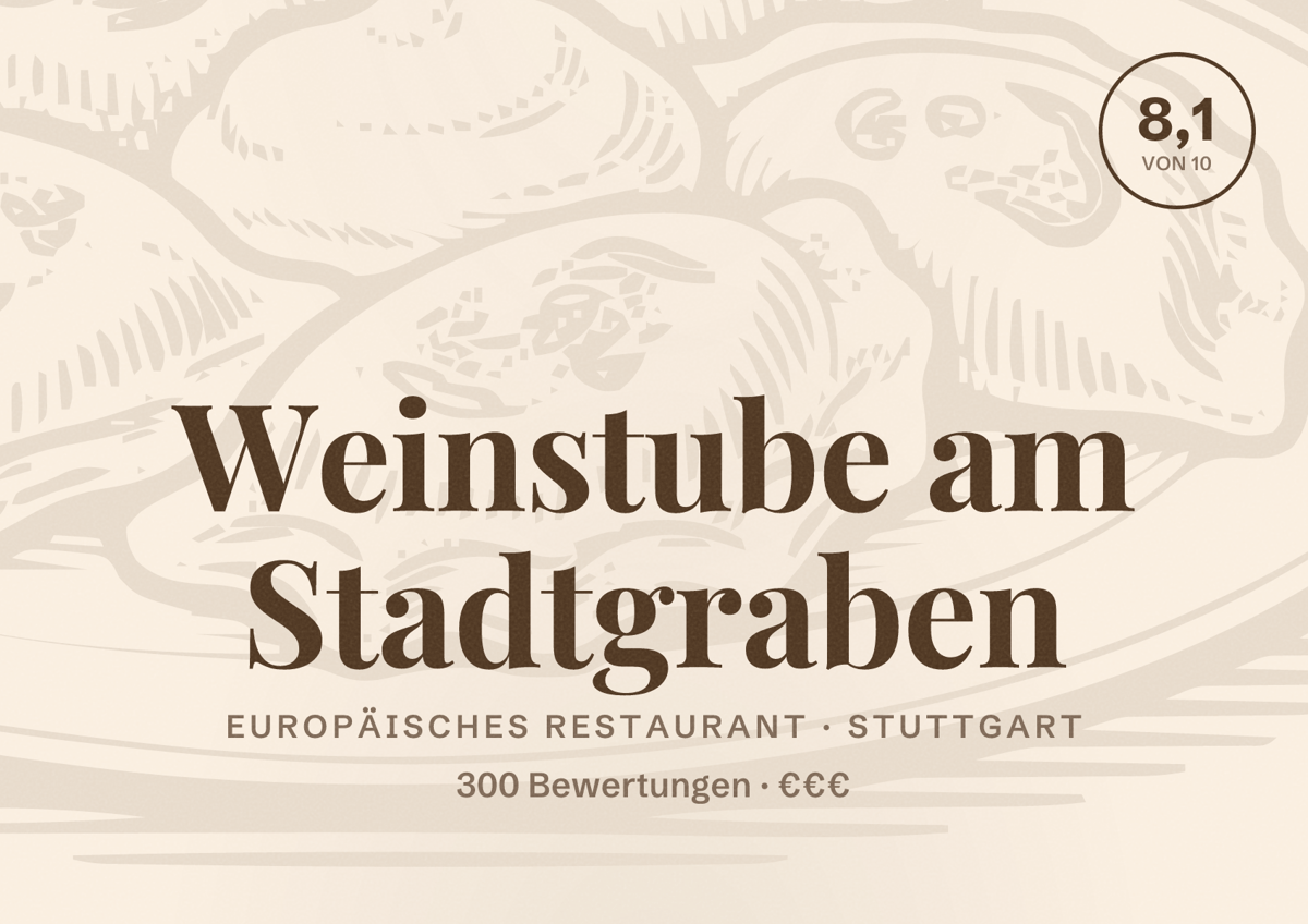 Illustriertes Poster von Weinstube am Stadtgraben, Europäisches Restaurant in Stuttgart: Bewertung 8,1 von 10 aus 300 Bewertungen, Preisniveau €€€
