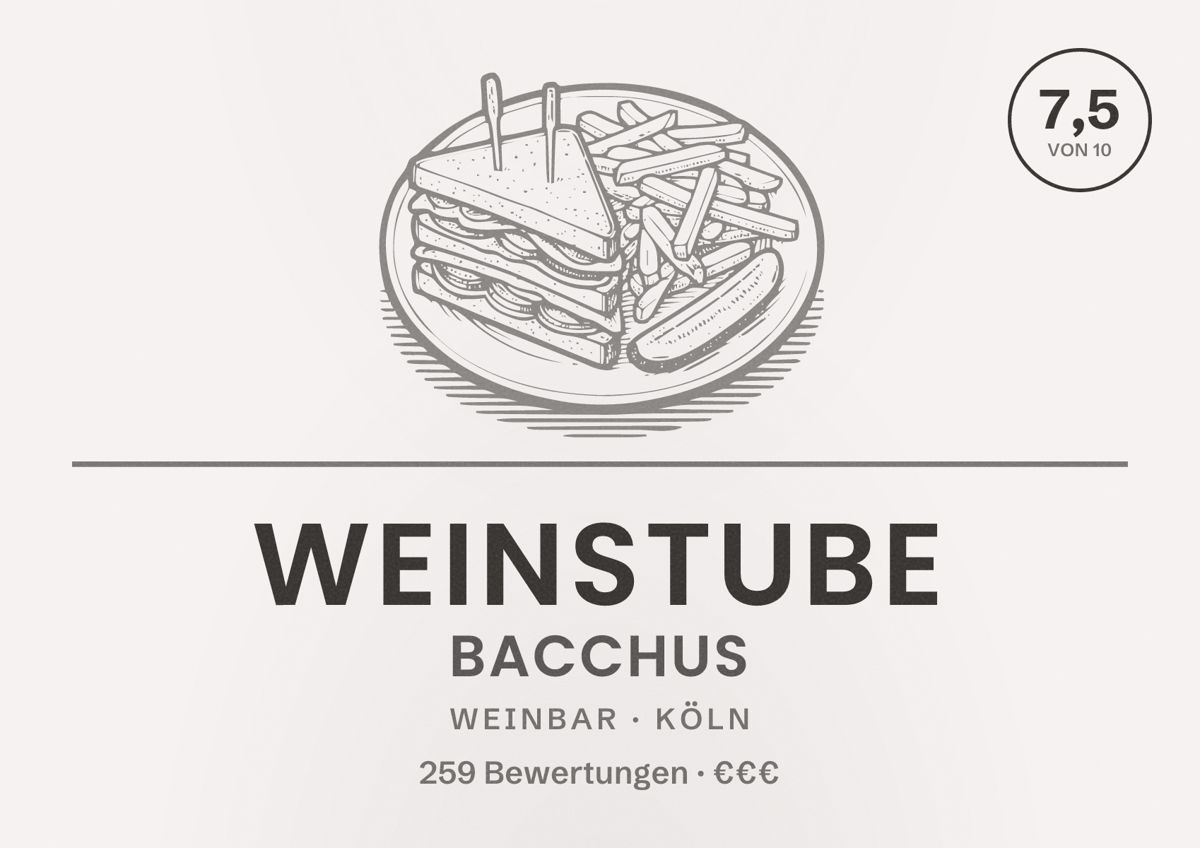 Illustriertes Poster von Weinstube Bacchus, Weinbar in Köln: Bewertung 7,5 von 10 aus 259 Bewertungen, Preisniveau €€€