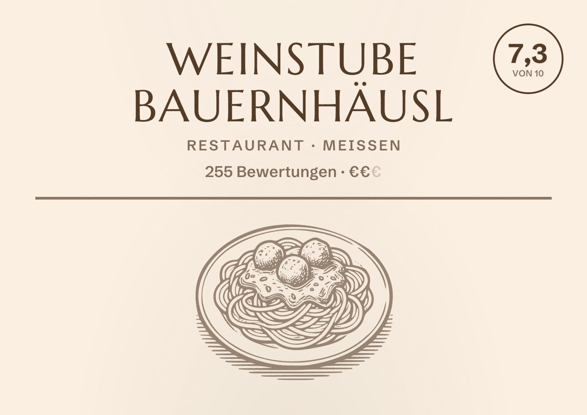 Illustriertes Poster von Weinstube Bauernhäusl, Restaurant in Meißen: Bewertung 7,3 von 10 aus 255 Bewertungen, Preisniveau €€