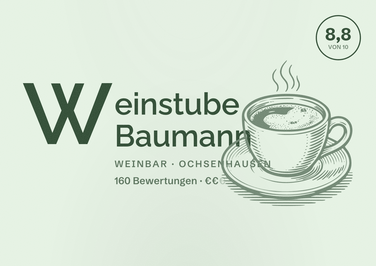 Illustriertes Poster von Weinstube Baumann, Weinbar in Ochsenhausen: Bewertung 8,8 von 10 aus 160 Bewertungen, Preisniveau €€