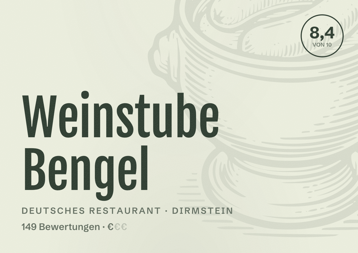 Illustriertes Poster von Weinstube Bengel, Deutsches Restaurant in Dirmstein: Bewertung 8,4 von 10 aus 149 Bewertungen, Preisniveau €