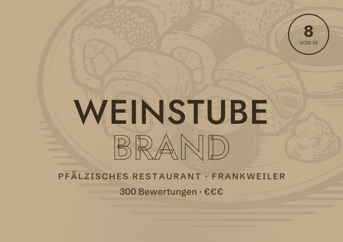 Illustriertes Poster von Weinstube Brand, Pfälzisches Restaurant in Frankweiler: Bewertung 8 von 10 aus 300 Bewertungen, Preisniveau €€€