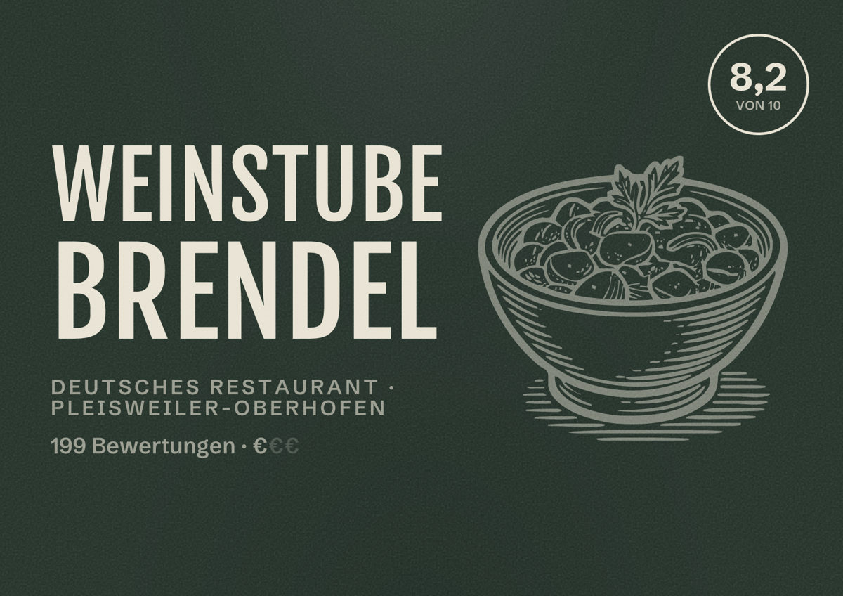 Illustriertes Poster von Weinstube Brendel, Deutsches Restaurant in Pleisweiler-Oberhofen: Bewertung 8,2 von 10 aus 199 Bewertungen, Preisniveau €