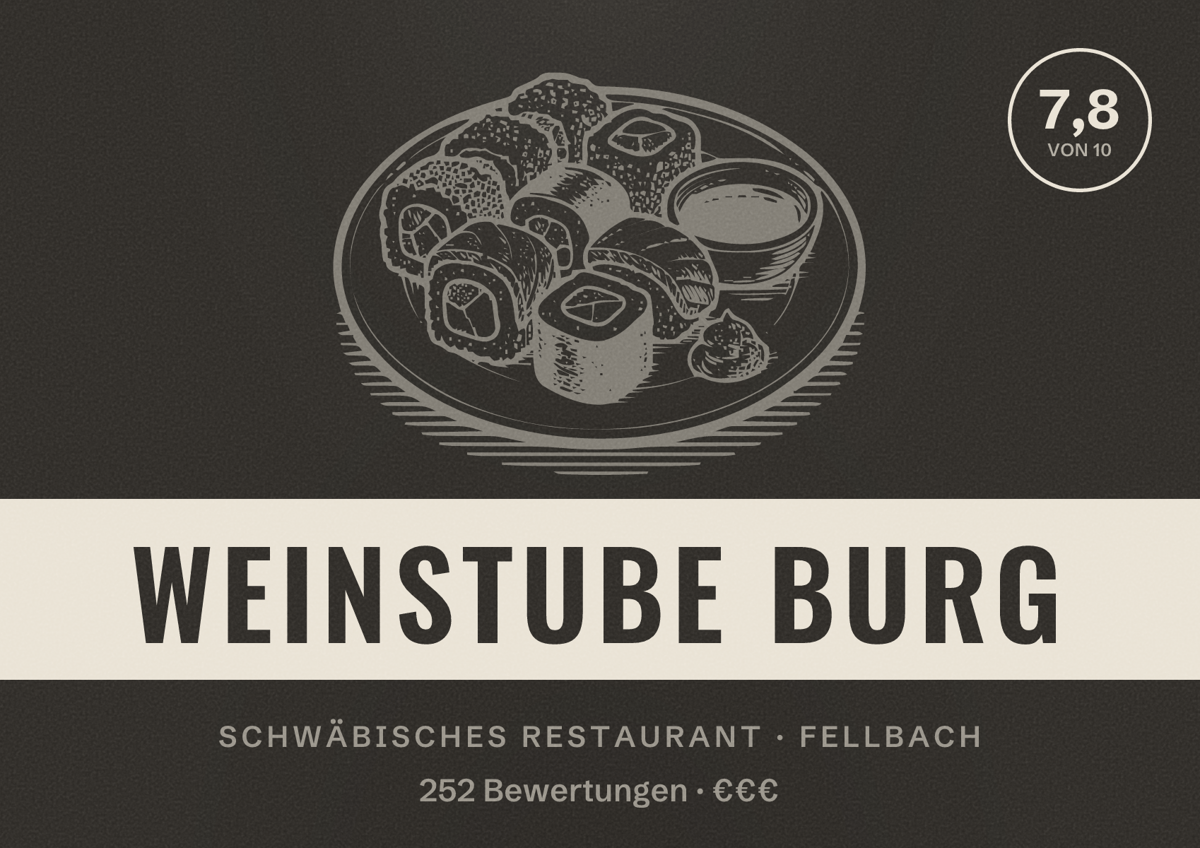 Illustriertes Poster von Weinstube Burg, Schwäbisches Restaurant in Fellbach: Bewertung 7,8 von 10 aus 252 Bewertungen, Preisniveau €€€