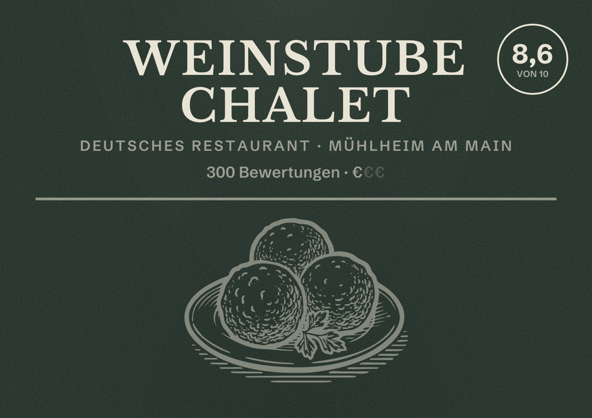 Illustriertes Poster von Weinstube Chalet, Deutsches Restaurant in Mühlheim am Main: Bewertung 8,6 von 10 aus 300 Bewertungen, Preisniveau €