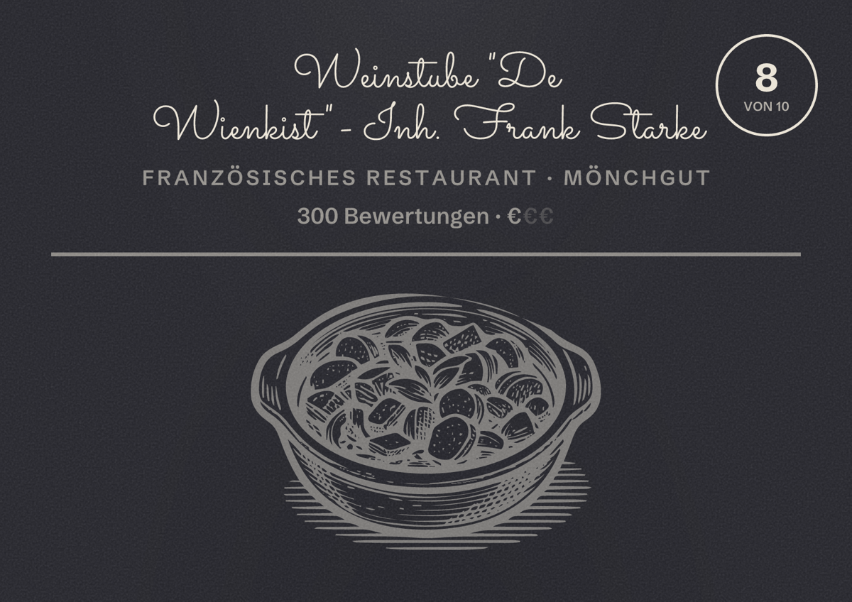 Illustriertes Poster von Weinstube "De Wienkist" - Inh. Frank Starke, Französisches Restaurant in Mönchgut: Bewertung 8 von 10 aus 300 Bewertungen, Preisniveau €