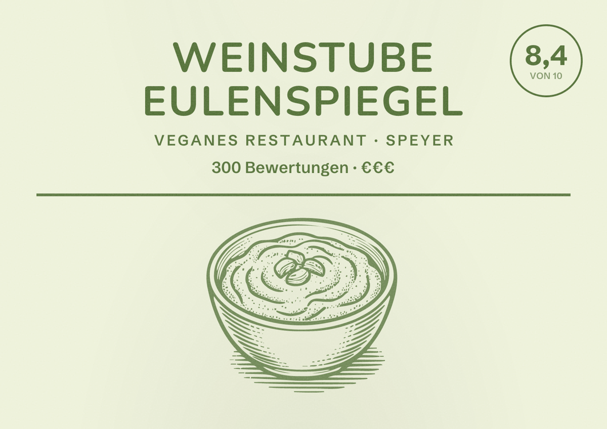 Illustriertes Poster von Weinstube Eulenspiegel, Veganes Restaurant in Speyer: Bewertung 8,4 von 10 aus 300 Bewertungen, Preisniveau €€€