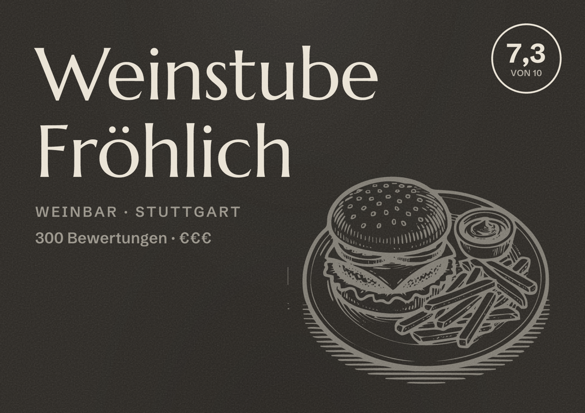 Illustriertes Poster von Weinstube Fröhlich, Weinbar in Stuttgart: Bewertung 7,3 von 10 aus 300 Bewertungen, Preisniveau €€€