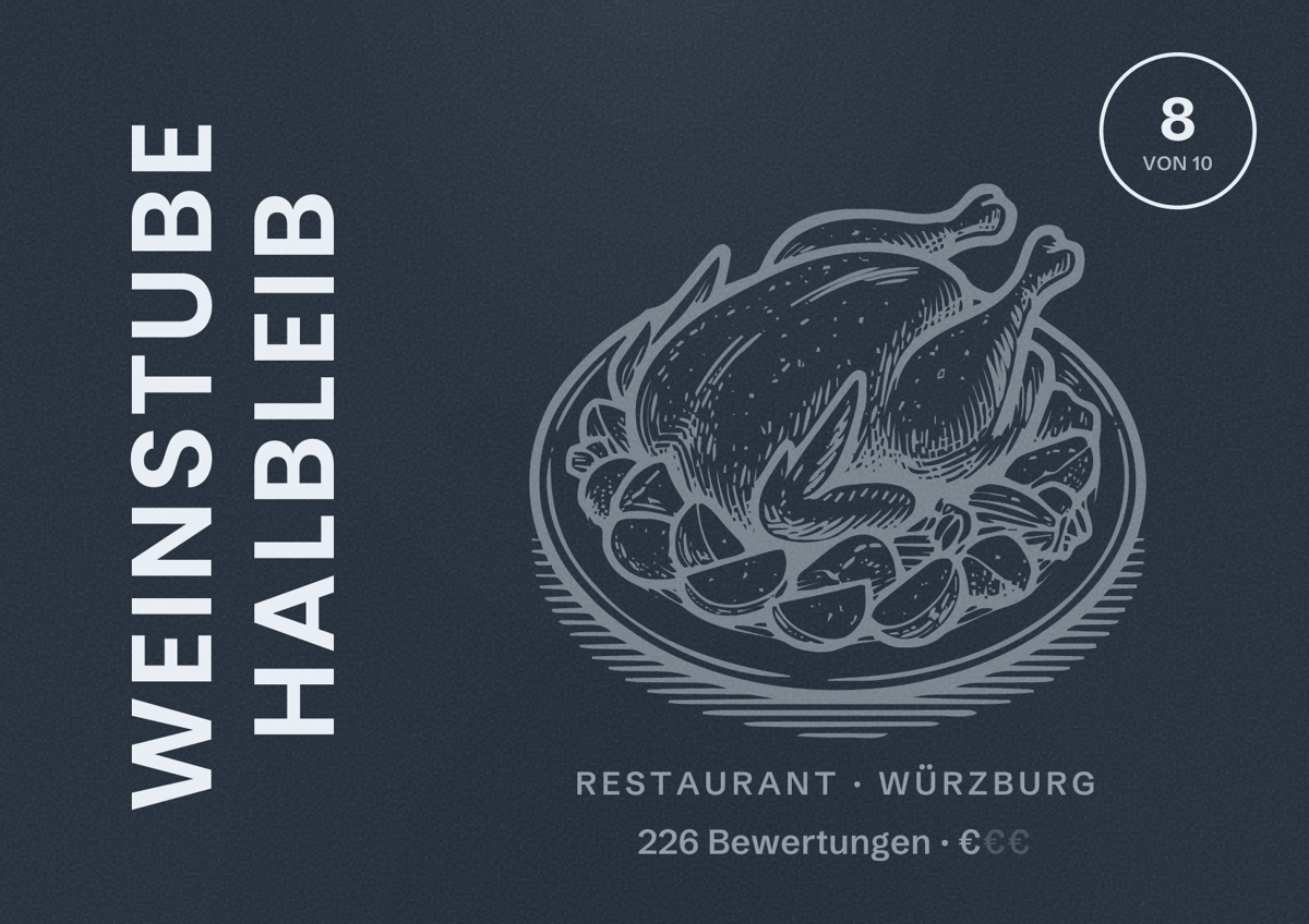 Illustriertes Poster von Weinstube Halbleib, Restaurant in Würzburg: Bewertung 8 von 10 aus 226 Bewertungen, Preisniveau €