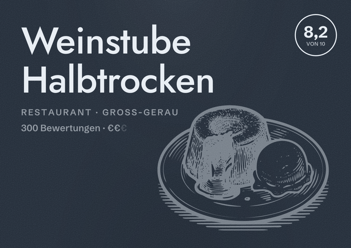 Illustriertes Poster von Weinstube Halbtrocken, Restaurant in Groß-Gerau: Bewertung 8,2 von 10 aus 300 Bewertungen, Preisniveau €€