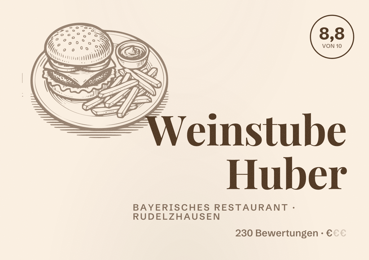Illustriertes Poster von Weinstube Huber, Bayerisches Restaurant in Rudelzhausen: Bewertung 8,8 von 10 aus 230 Bewertungen, Preisniveau €