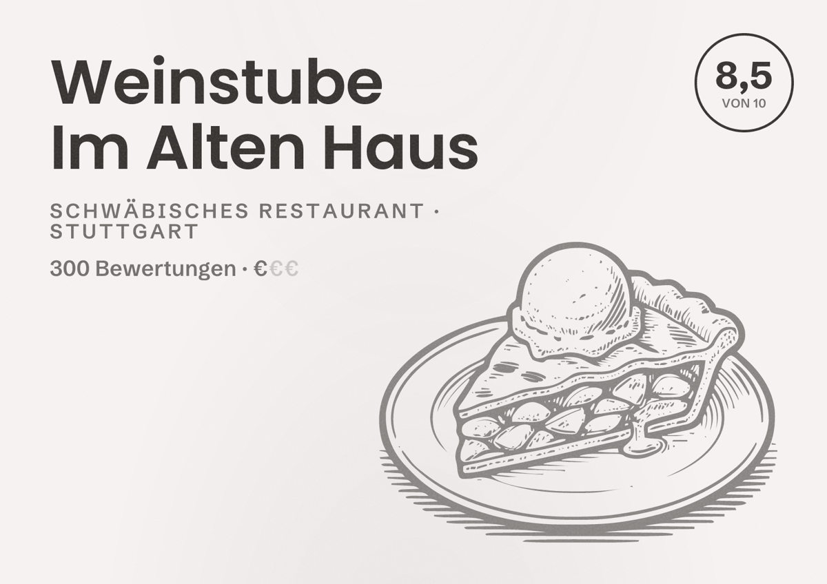 Illustriertes Poster von Weinstube Im Alten Haus, Schwäbisches Restaurant in Stuttgart: Bewertung 8,5 von 10 aus 300 Bewertungen, Preisniveau €