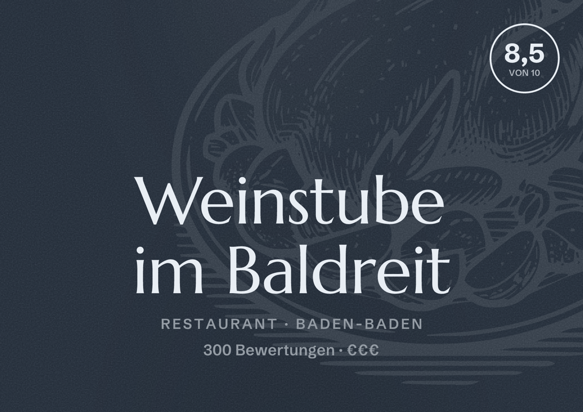 Illustriertes Poster von Weinstube im Baldreit, Restaurant in Baden-Baden: Bewertung 8,5 von 10 aus 300 Bewertungen, Preisniveau €€€