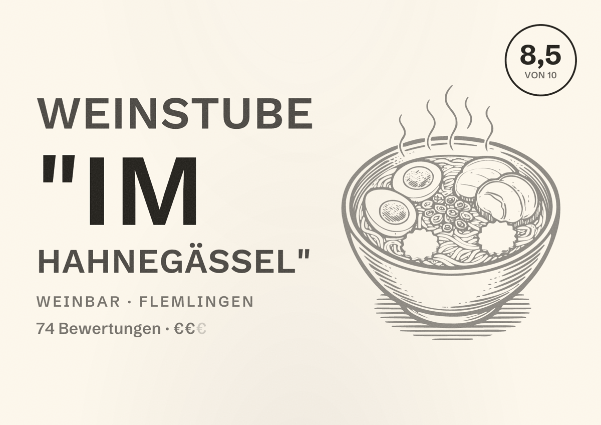 Illustriertes Poster von Weinstube "Im Hahnegässel", Weinbar in Flemlingen: Bewertung 8,5 von 10 aus 74 Bewertungen, Preisniveau €€