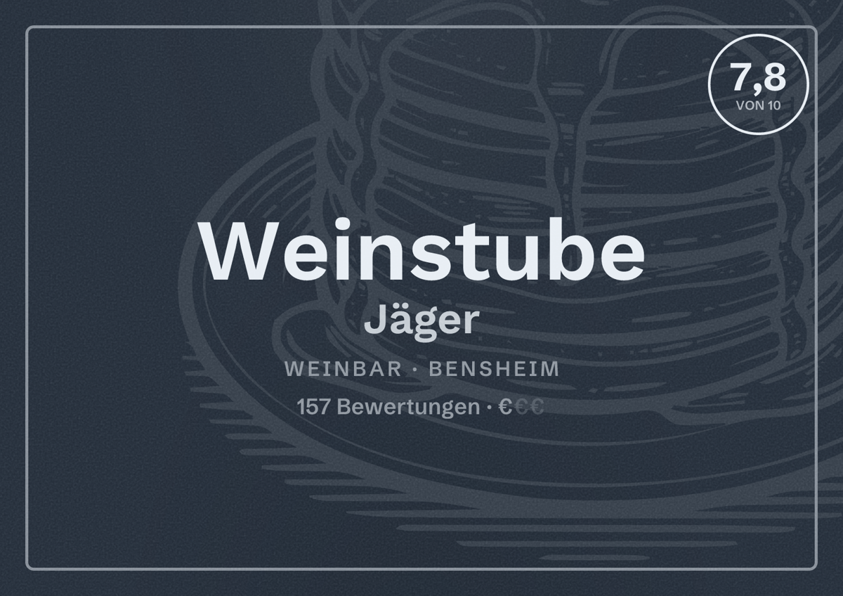 Illustriertes Poster von Weinstube Jäger, Weinbar in Bensheim: Bewertung 7,8 von 10 aus 157 Bewertungen, Preisniveau €