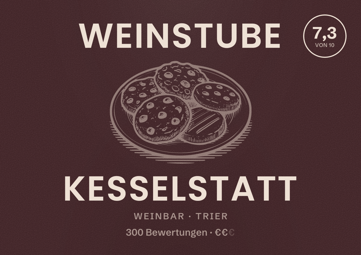 Illustriertes Poster von Weinstube Kesselstatt, Weinbar in Trier: Bewertung 7,3 von 10 aus 300 Bewertungen, Preisniveau €€