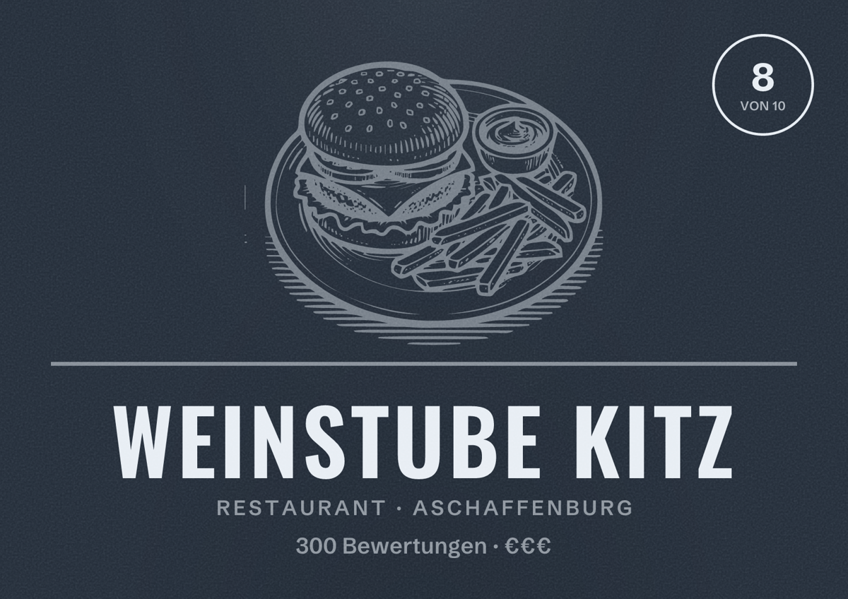Illustriertes Poster von Weinstube Kitz, Restaurant in Aschaffenburg: Bewertung 8 von 10 aus 300 Bewertungen, Preisniveau €€€