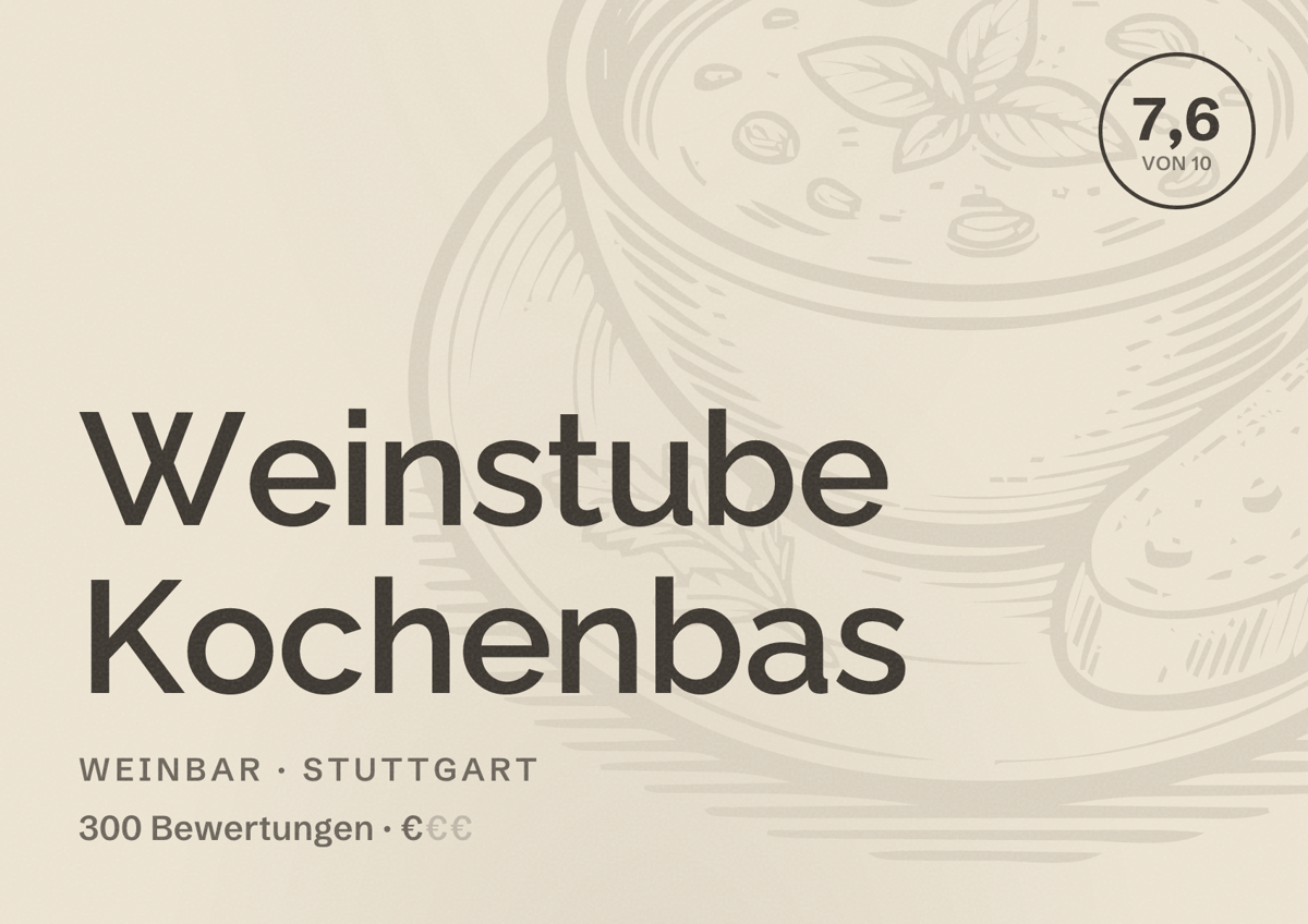 Illustriertes Poster von Weinstube Kochenbas, Weinbar in Stuttgart: Bewertung 7,6 von 10 aus 300 Bewertungen, Preisniveau €