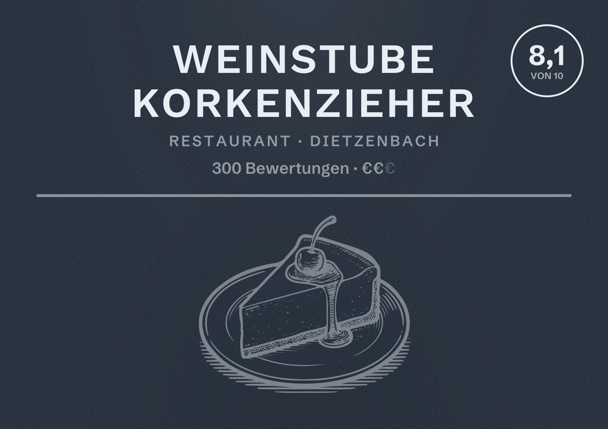 Illustriertes Poster von Weinstube Korkenzieher, Restaurant in Dietzenbach: Bewertung 8,1 von 10 aus 300 Bewertungen, Preisniveau €€