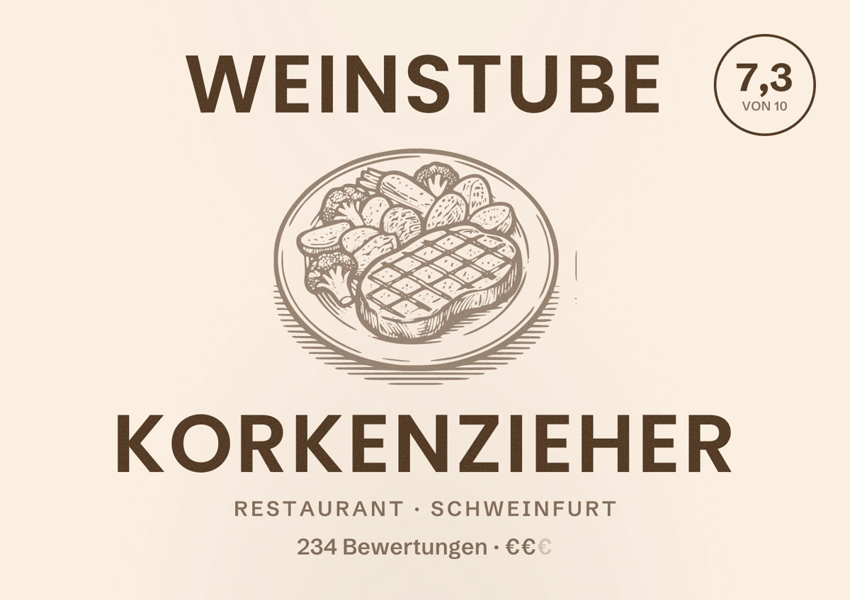 Illustriertes Poster von Weinstube Korkenzieher, Restaurant in Schweinfurt: Bewertung 7,3 von 10 aus 234 Bewertungen, Preisniveau €€