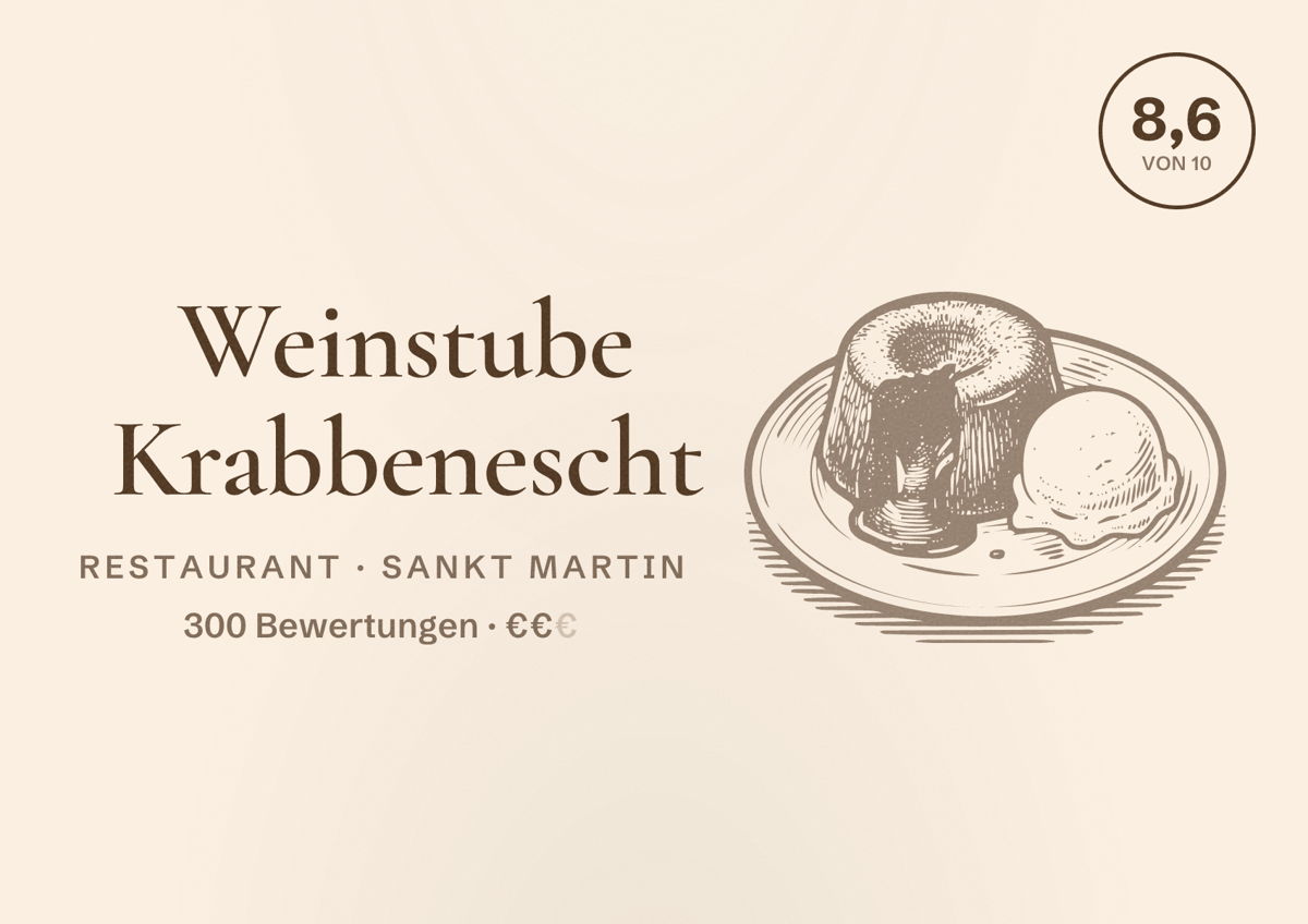 Illustriertes Poster von Weinstube Krabbenescht, Restaurant in Sankt Martin: Bewertung 8,6 von 10 aus 300 Bewertungen, Preisniveau €€