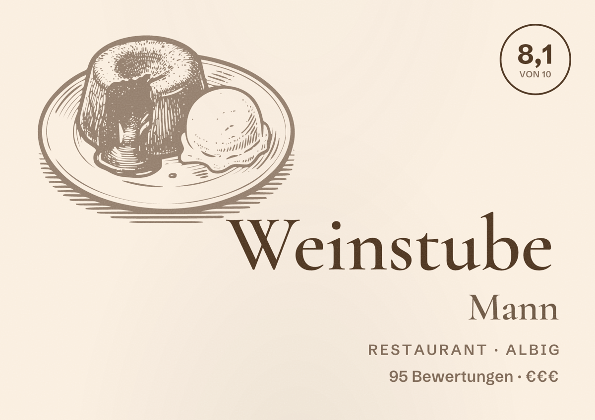 Illustriertes Poster von Weinstube Mann, Restaurant in Albig: Bewertung 8,1 von 10 aus 95 Bewertungen, Preisniveau €€€