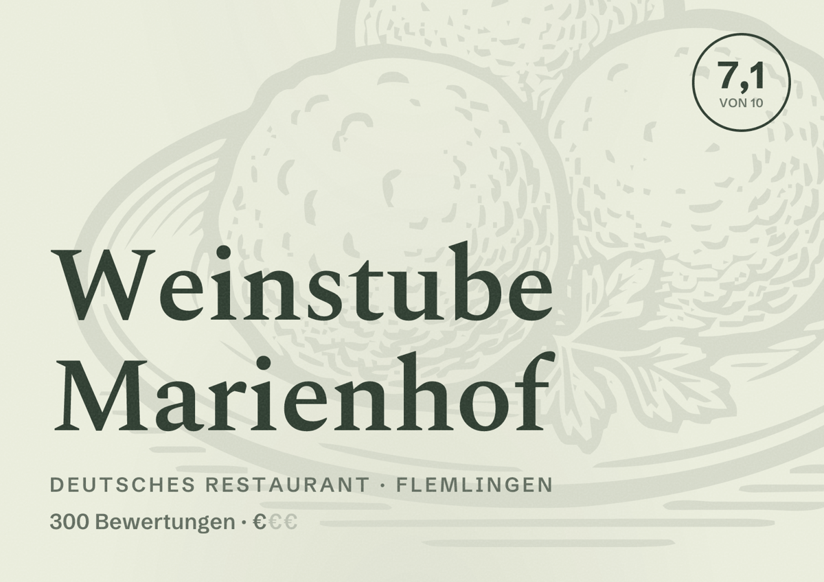 Illustriertes Poster von Weinstube Marienhof, Deutsches Restaurant in Flemlingen: Bewertung 7,1 von 10 aus 300 Bewertungen, Preisniveau €