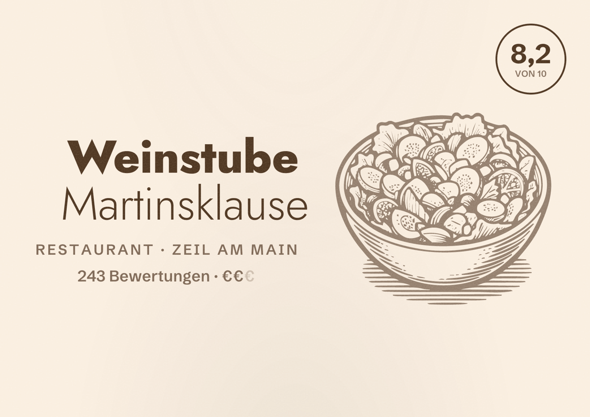 Illustriertes Poster von Weinstube Martinsklause, Restaurant in Zeil am Main: Bewertung 8,2 von 10 aus 243 Bewertungen, Preisniveau €€