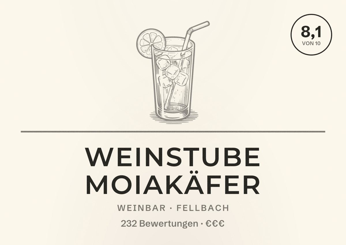 Illustriertes Poster von Weinstube Moiakäfer, Weinbar in Fellbach: Bewertung 8,1 von 10 aus 232 Bewertungen, Preisniveau €€€