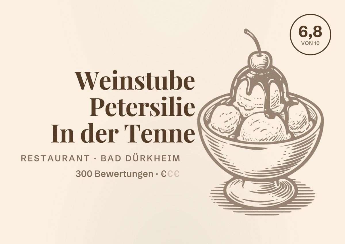 Illustriertes Poster von Weinstube Petersilie In der Tenne, Restaurant in Bad Dürkheim: Bewertung 6,8 von 10 aus 300 Bewertungen, Preisniveau €