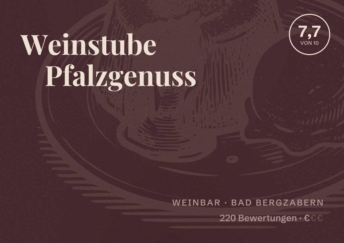 Illustriertes Poster von Weinstube Pfalzgenuss, Weinbar in Bad Bergzabern: Bewertung 7,7 von 10 aus 220 Bewertungen, Preisniveau €