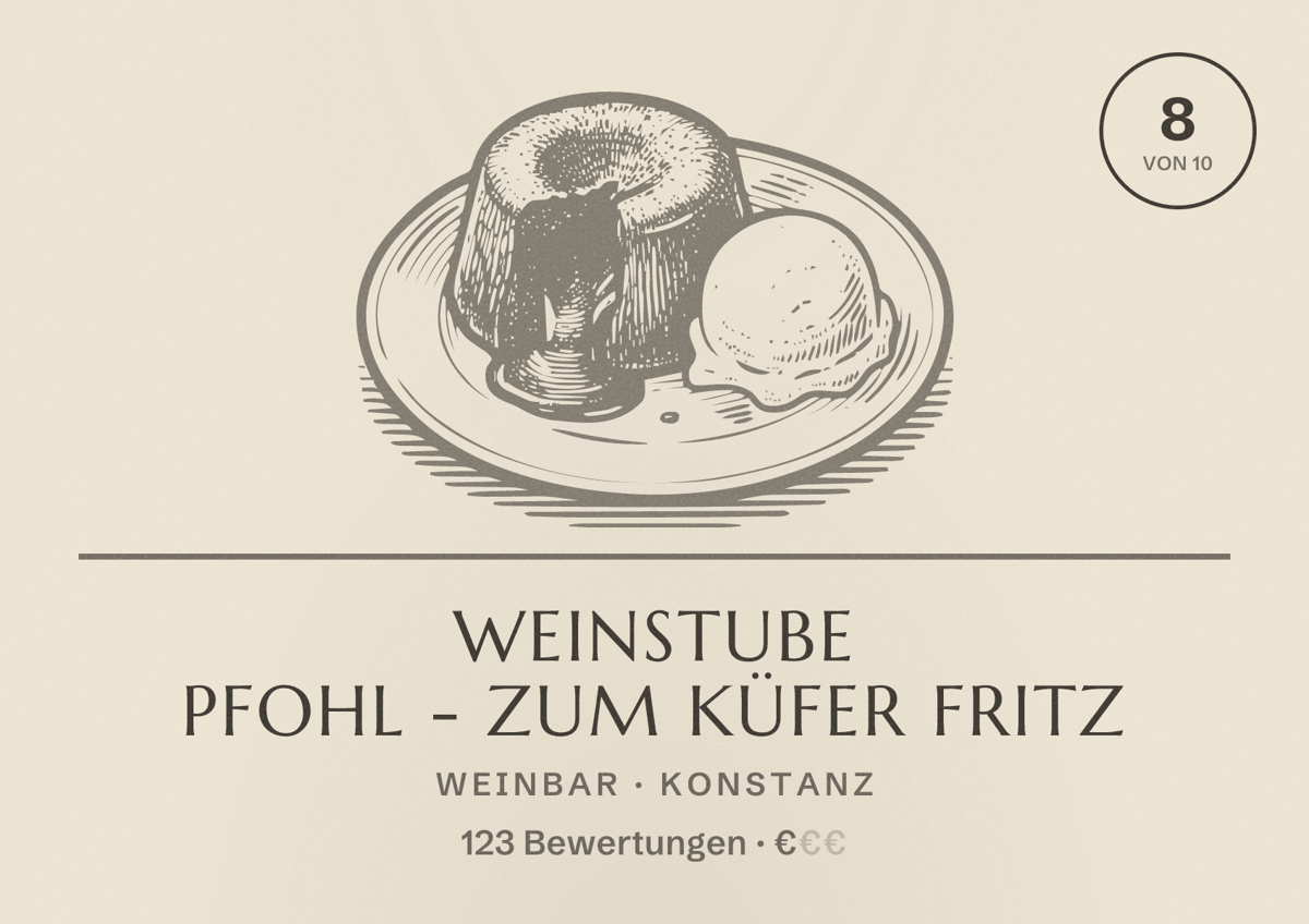 Illustriertes Poster von Weinstube Pfohl - Zum Küfer Fritz, Weinbar in Konstanz: Bewertung 8 von 10 aus 123 Bewertungen, Preisniveau €