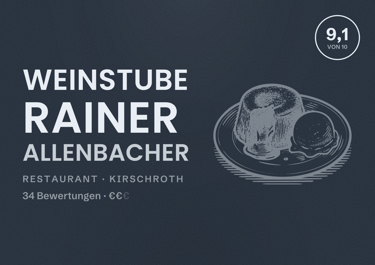 Illustriertes Poster von Weinstube Rainer Allenbacher, Restaurant in Kirschroth: Bewertung 9,1 von 10 aus 34 Bewertungen, Preisniveau €€