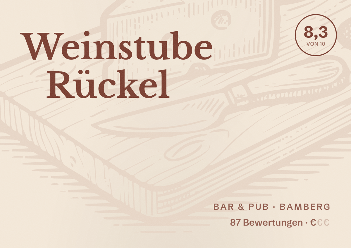 Illustriertes Poster von Weinstube Rückel, Bar & Pub in Bamberg: Bewertung 8,3 von 10 aus 87 Bewertungen, Preisniveau €