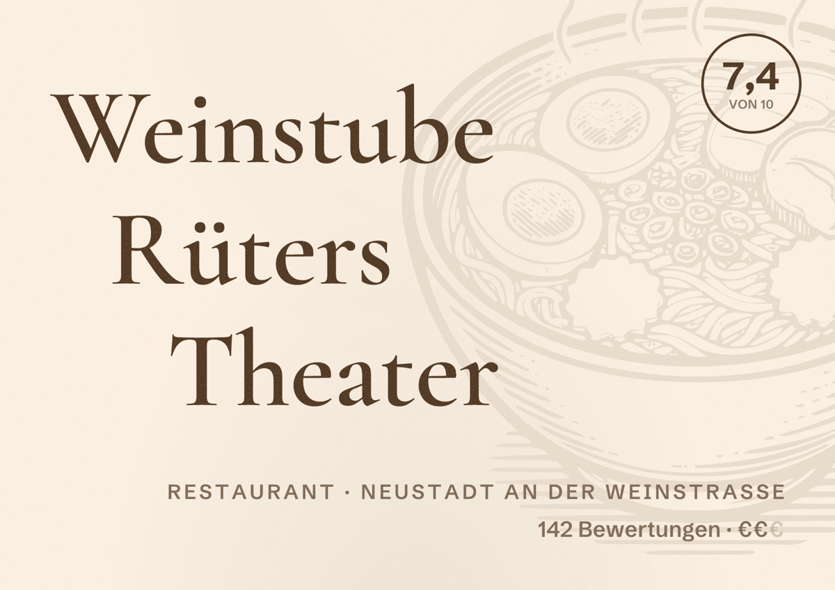 Illustriertes Poster von Weinstube Rüters Theater, Restaurant in Neustadt an der Weinstraße: Bewertung 7,4 von 10 aus 142 Bewertungen, Preisniveau €€