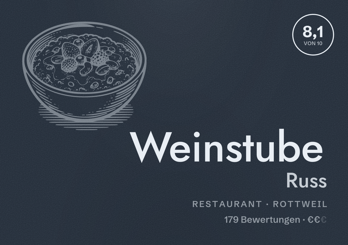 Illustriertes Poster von Weinstube Russ, Restaurant in Rottweil: Bewertung 8,1 von 10 aus 179 Bewertungen, Preisniveau €€