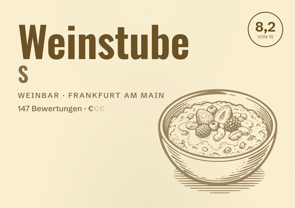 Illustriertes Poster von Weinstube S, Weinbar in Frankfurt am Main: Bewertung 8,2 von 10 aus 147 Bewertungen, Preisniveau €