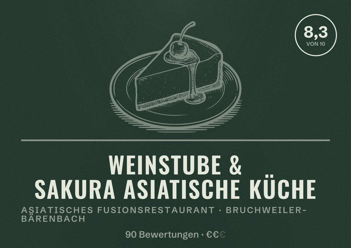 Illustriertes Poster von Weinstube & Sakura Asiatische Küche, Asiatisches Fusionsrestaurant in Bruchweiler-Bärenbach: Bewertung 8,3 von 10 aus 90 Bewertungen, Preisniveau €€