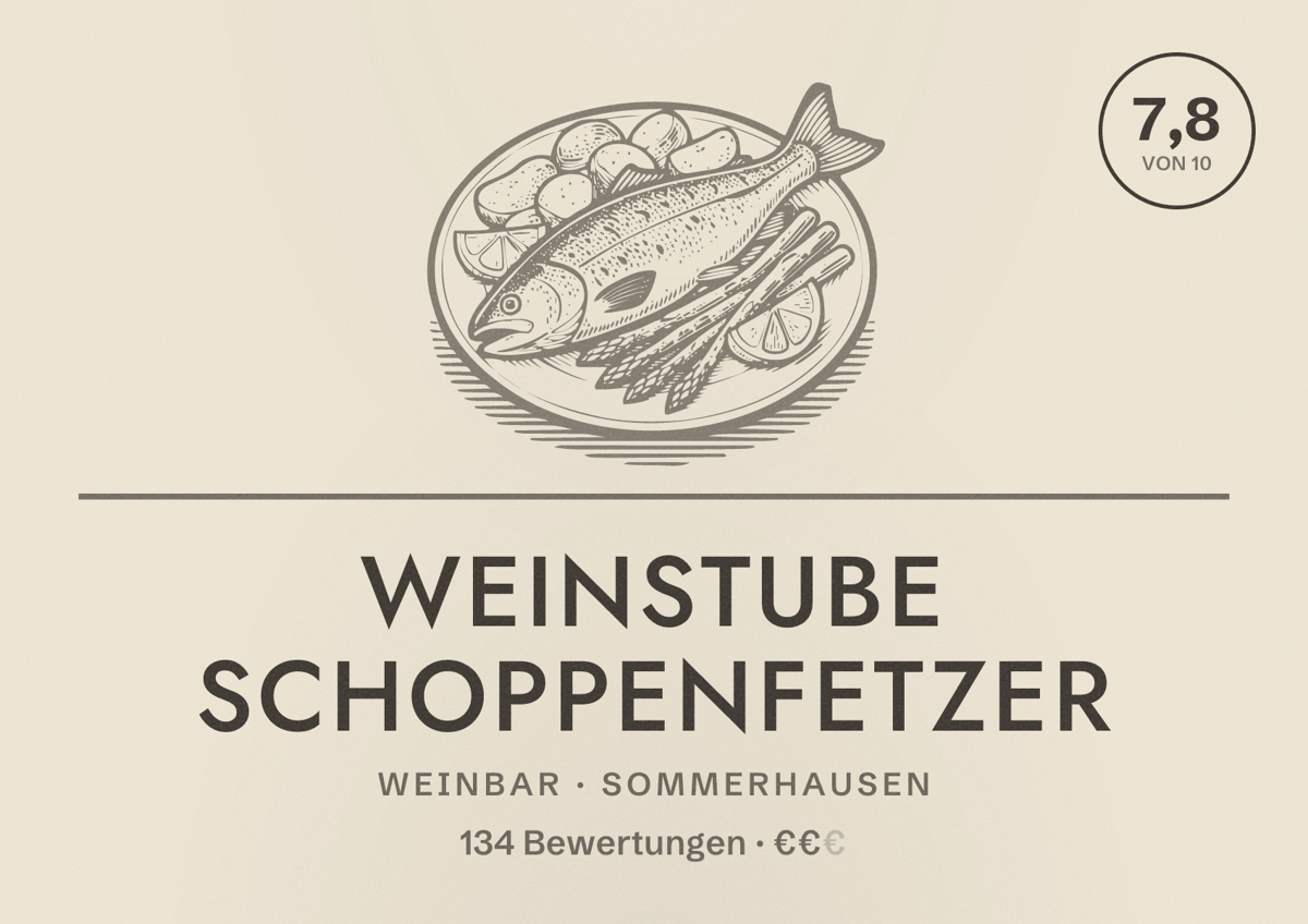 Illustriertes Poster von Weinstube Schoppenfetzer, Weinbar in Sommerhausen: Bewertung 7,8 von 10 aus 134 Bewertungen, Preisniveau €€