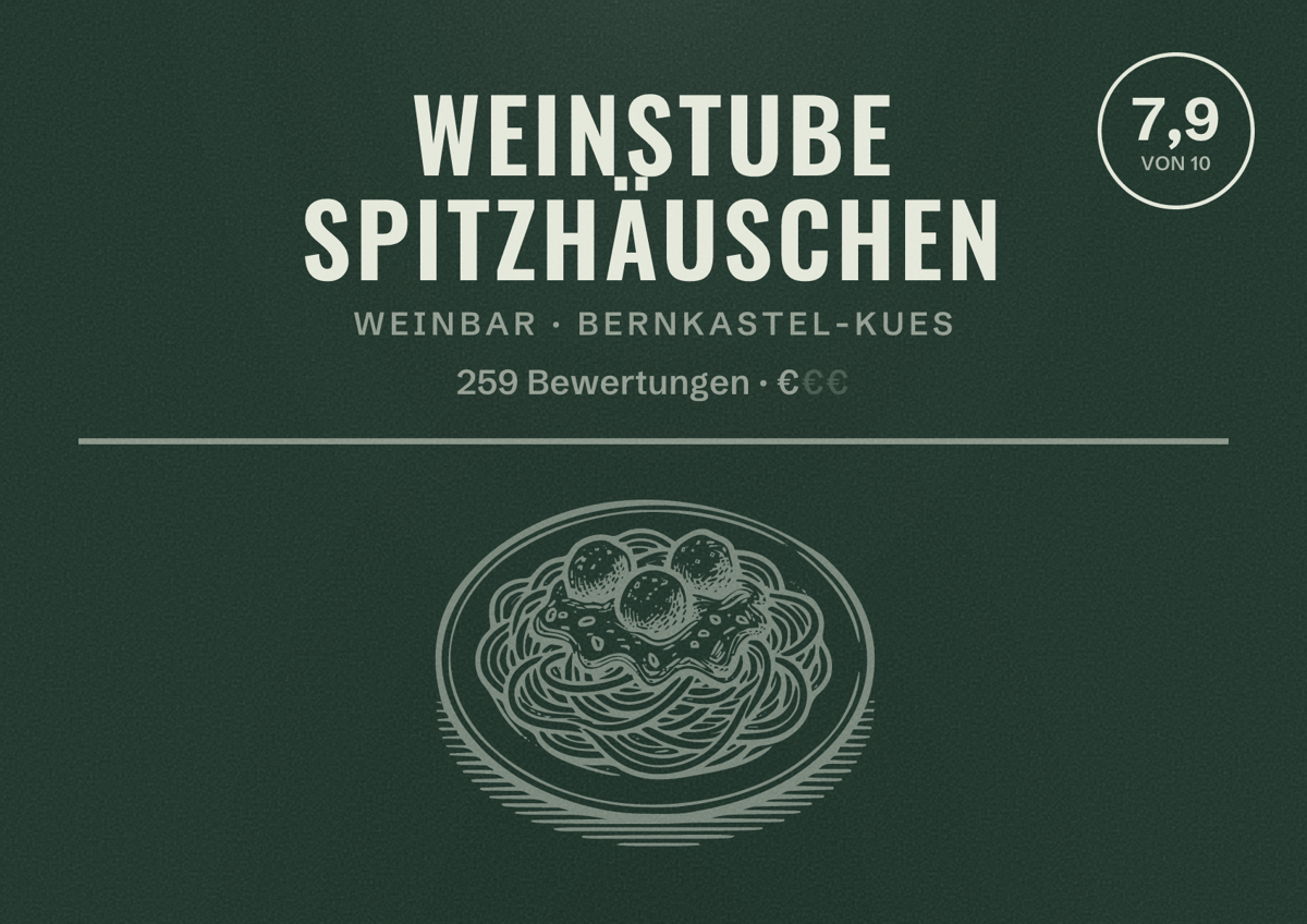 Illustriertes Poster von Weinstube Spitzhäuschen, Weinbar in Bernkastel-Kues: Bewertung 7,9 von 10 aus 259 Bewertungen, Preisniveau €